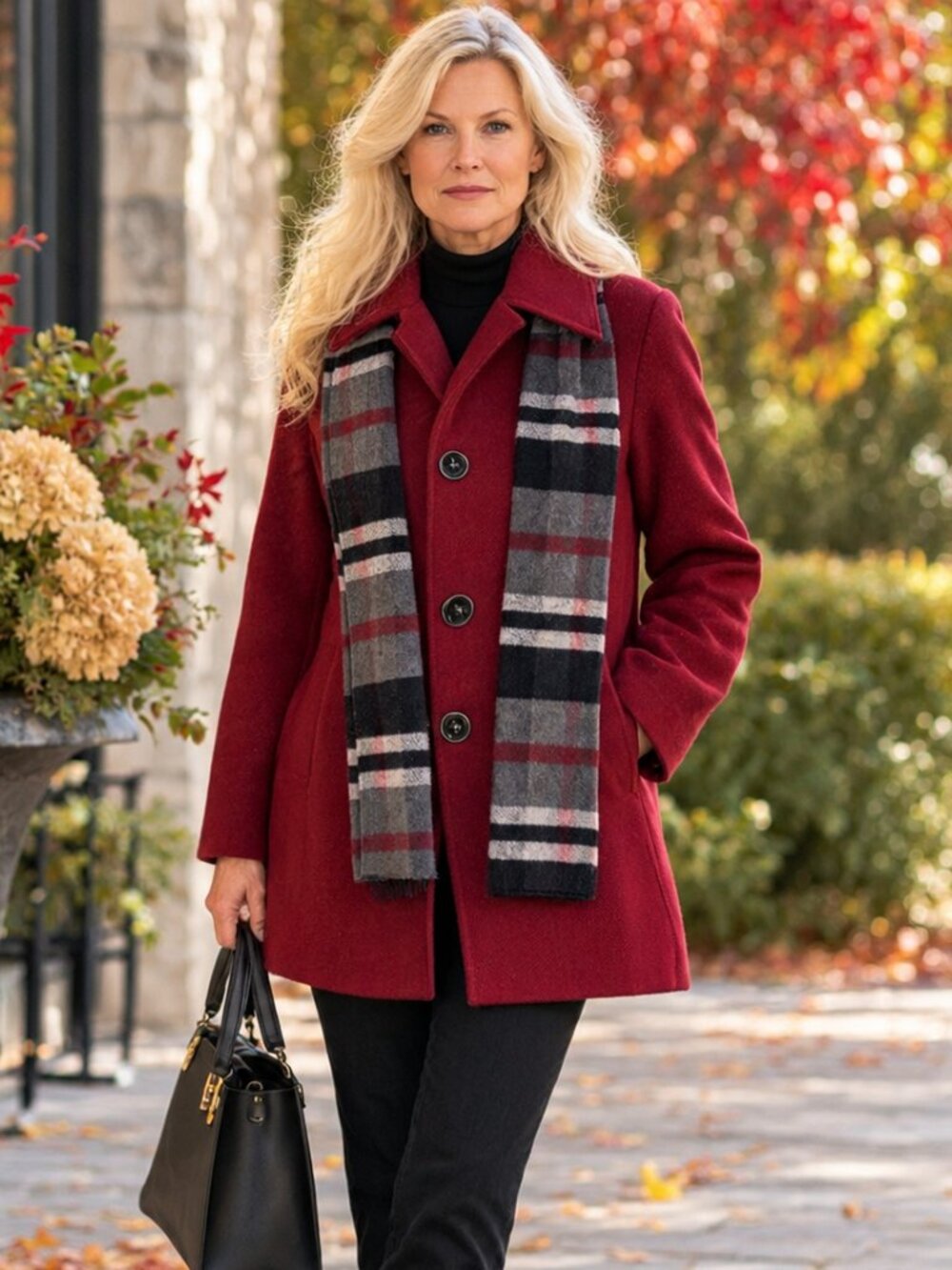 Ruby Red Petite Pea Coat with Removable Plaid Scarf